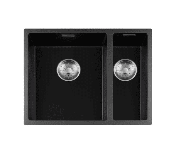 Lorreine 3415BQ-FU-Inox Luxe Anderhalve Keukenspoelbak Graniet Zwart Met Korfplug RVS 34 x 40 + 15 x 40 Vlakbouw Of Onderbouw