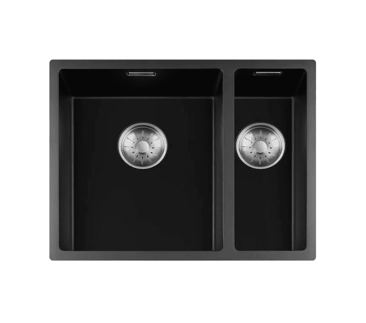 Lorreine 3415BQ-FU-Inox Luxe Anderhalve Keukenspoelbak Graniet Zwart Met Korfplug RVS 34 x 40 + 15 x 40 Vlakbouw Of Onderbouw