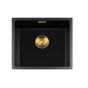 Lorreine 40BQ37-FU-Gold Luxe Enkele Keukenspoelbak Graniet Zwart Met Korfplug Goud 40 x 37 Vlakbouw Of Onderbouw