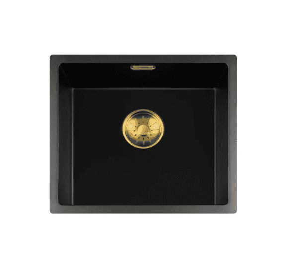 Lorreine 40BQ37-FU-Gold Luxe Enkele Keukenspoelbak Graniet Zwart Met Korfplug Goud 40 x 37 Vlakbouw Of Onderbouw