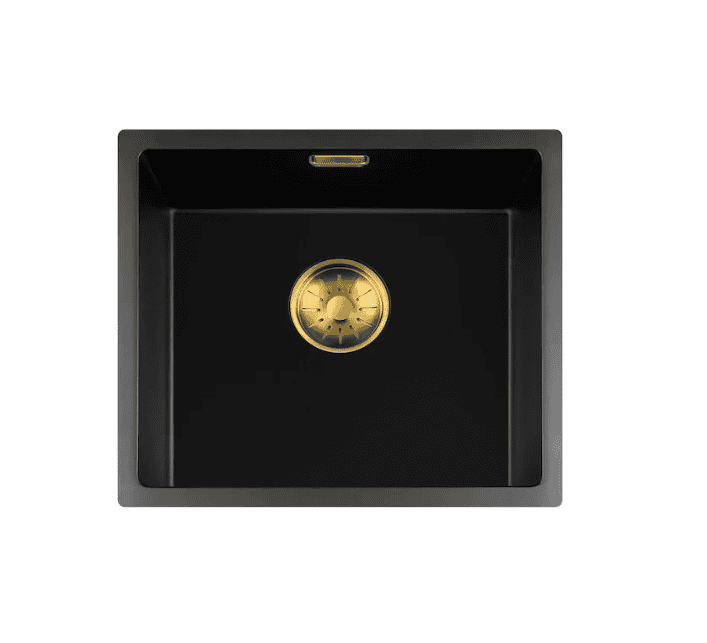 Lorreine 40BQ37-FU-Gold Luxe Enkele Keukenspoelbak Graniet Zwart Met Korfplug Goud 40 x 37 Vlakbouw Of Onderbouw