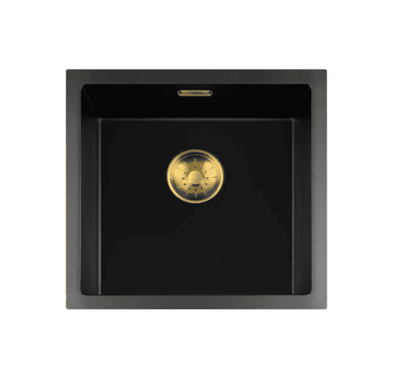 Lorreine 40BQ-T-Gold Luxe Enkele Keukenspoelbak Graniet Zwart Met Korfplug Goud 40 x 40 Opbouw