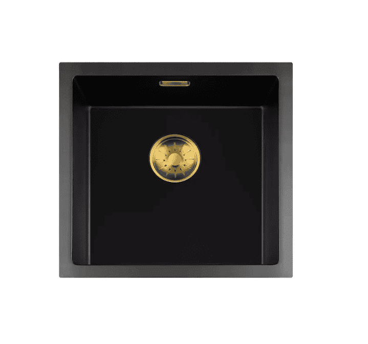 Lorreine 40BQ-T-Gold Luxe Enkele Keukenspoelbak Graniet Zwart Met Korfplug Goud 40 x 40 Opbouw