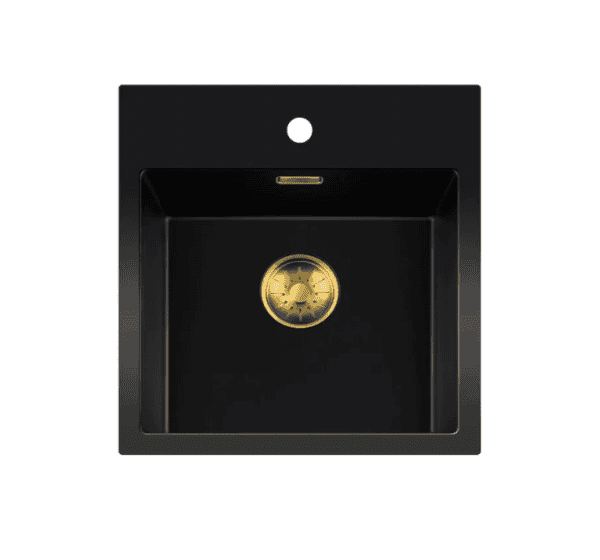 Lorreine 40BQ37TH-T-Gold Luxe Enkele Keukenspoelbak Met Kraangat Graniet Zwart Met Korfplug Goud 40 x 37 Opbouw