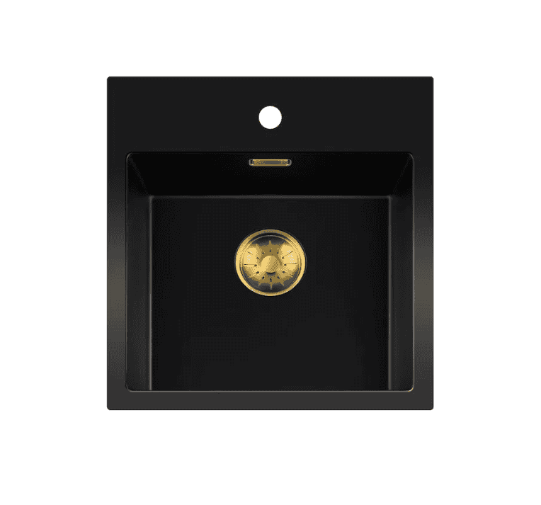 Lorreine 40BQ37TH-T-Gold Luxe Enkele Keukenspoelbak Met Kraangat Graniet Zwart Met Korfplug Goud 40 x 37 Opbouw