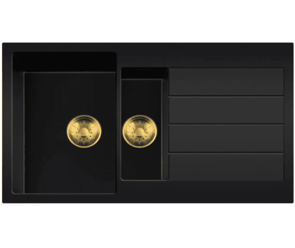 Lorreine 3415BQ44DB-T-Gold Luxe Anderhalve Keukenspoelbak Graniet Zwart Met Korfplug Goud 96 x 50 Opbouw