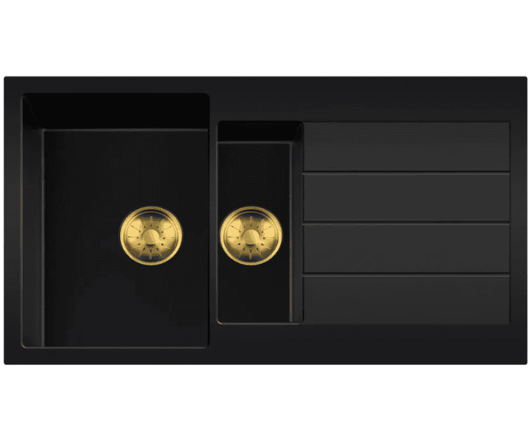 Lorreine 3415BQ44DB-T-Gold Luxe Anderhalve Keukenspoelbak Graniet Zwart Met Korfplug Goud 96 x 50 Opbouw