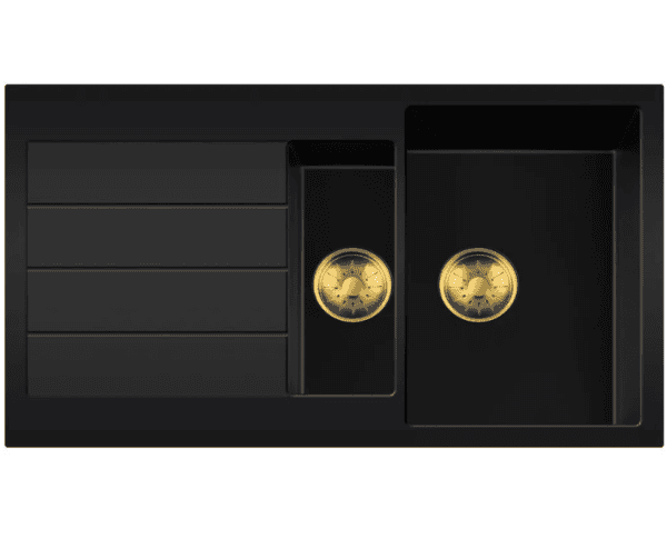 Lorreine 1534BQ44DB-T-Gold Luxe Anderhalve Keukenspoelbak Graniet Zwart Met Korfplug Goud 96 x 50 Opbouw