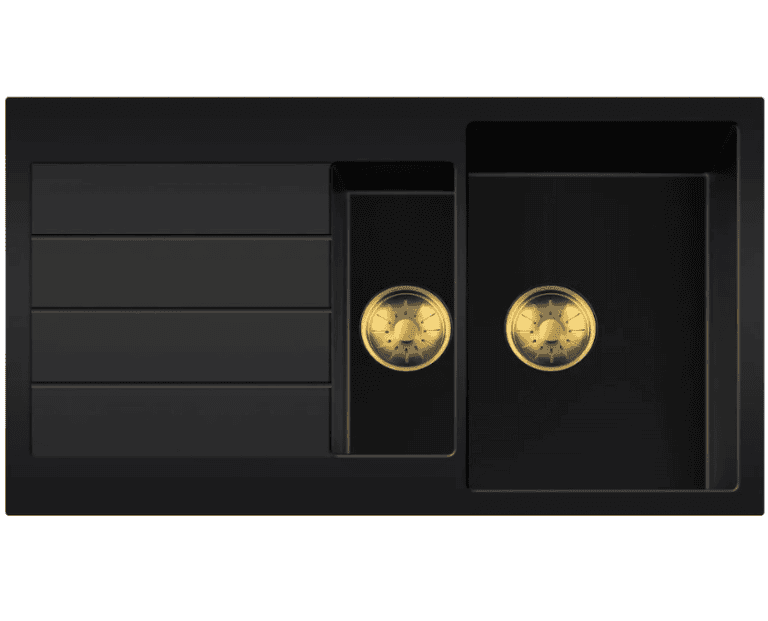 Lorreine 1534BQ44DB-T-Gold Luxe Anderhalve Keukenspoelbak Graniet Zwart Met Korfplug Goud 96 x 50 Opbouw