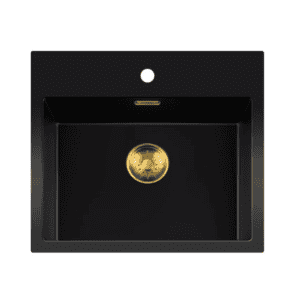 Lorreine 50BQ37TH-T-Gold Luxe Enkele Keukenspoelbak Met Kraangat Graniet Zwart Met Korfplug Goud 50 x 37 Opbouw