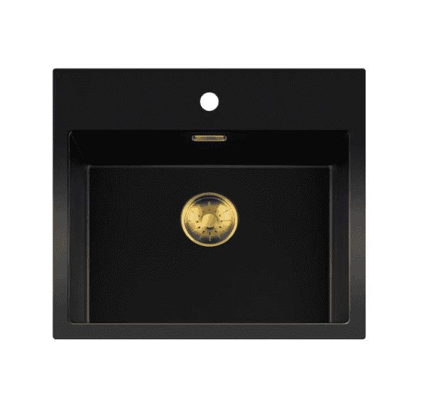 Lorreine 50BQ37TH-T-Gold Luxe Enkele Keukenspoelbak Met Kraangat Graniet Zwart Met Korfplug Goud 50 x 37 Opbouw