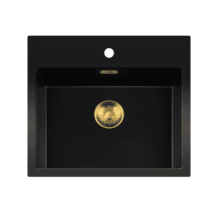 Lorreine 50BQ37TH-T-Gold Luxe Enkele Keukenspoelbak Met Kraangat Graniet Zwart Met Korfplug Goud 50 x 37 Opbouw