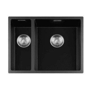 Lorreine 1534BQ-FU-Inox Luxe Anderhalve Keukenspoelbak Graniet Zwart Met Korfplug RVS 15 x 40 + 34 x 40 Vlakbouw Of Onderbouw