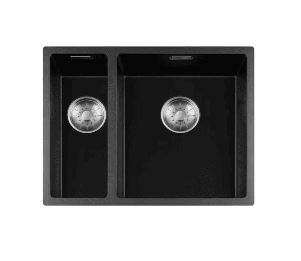 Lorreine 1534BQ-FU-Inox Luxe Anderhalve Keukenspoelbak Graniet Zwart Met Korfplug RVS 15 x 40 + 34 x 40 Vlakbouw Of Onderbouw