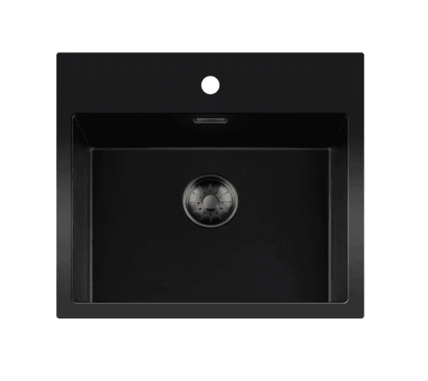 Lorreine 50BQ37TH-T-Gunmetal Luxe Enkele Keukenspoelbak Met Kraangat Graniet Zwart Met Korfplug Gun Metal 50 x 37 Opbouw