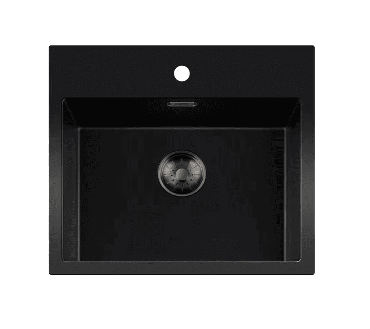 Lorreine 50BQ37TH-T-Gunmetal Luxe Enkele Keukenspoelbak Met Kraangat Graniet Zwart Met Korfplug Gun Metal 50 x 37 Opbouw
