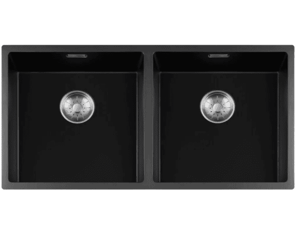 Lorreine 4040BQ-FU-Inox Luxe Dubbele Keukenspoelbak Graniet Zwart Met Korfplug RVS 40 x 40 + 40 x 40 Vlakbouw Of Onderbouw