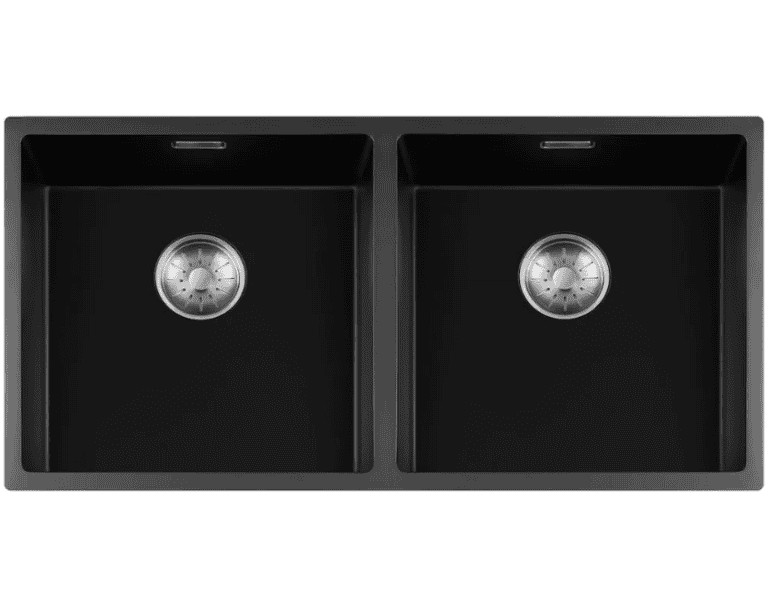 Lorreine 4040BQ-FU-Inox Luxe Dubbele Keukenspoelbak Graniet Zwart Met Korfplug RVS 40 x 40 + 40 x 40 Vlakbouw Of Onderbouw