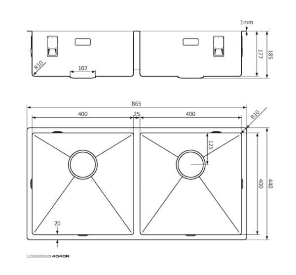 Lorreine 4040R Dubbele Keukenspoelbak RVS 40 x 40 + 40 x 40 Onderbouw - Vlakbouw - Opbouw