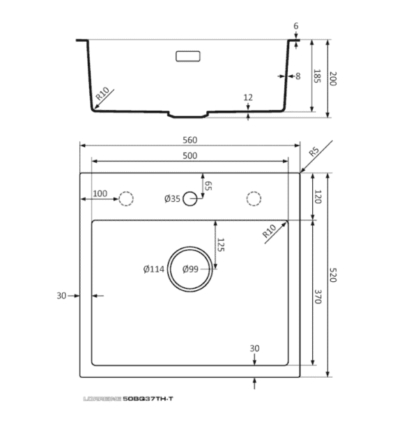 Lorreine 50BQ37TH-T Luxe Enkele Keukenspoelbak Met Kraangat Graniet Zwart Met Korfplug Zwart 50 x 37 Opbouw