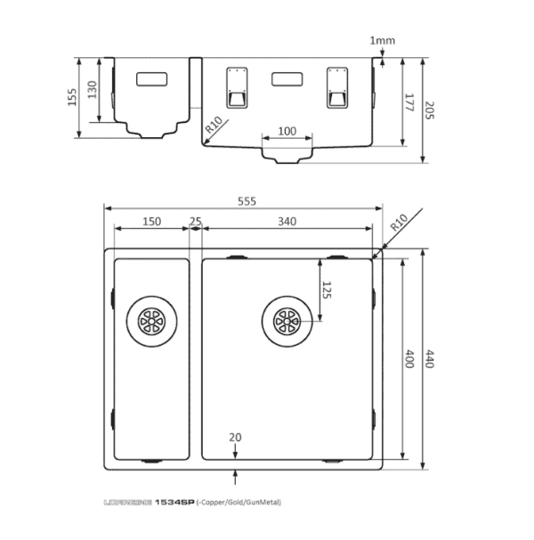 Lorreine 1534SP Luxe Anderhalve Keukenspoelbak Rechts RVS 15 x 40 + 34 x 40 Onderbouw – Vlakbouw – Opbouw