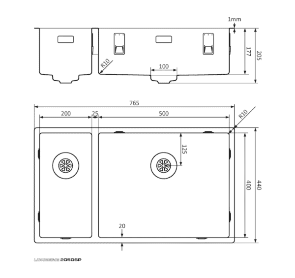 Lorreine 2050SP Luxe Anderhalve Keukenspoelbak Links RVS 20 x 40 + 50 x 40 Onderbouw – Vlakbouw – Opbouw