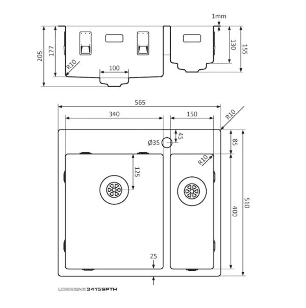 Lorreine 3415SPTH Luxe Anderhalve Keukenspoelbak Links Met Kraangat RVS 34 x 40 + 15 x 40 Onderbouw – Vlakbouw – Opbouw