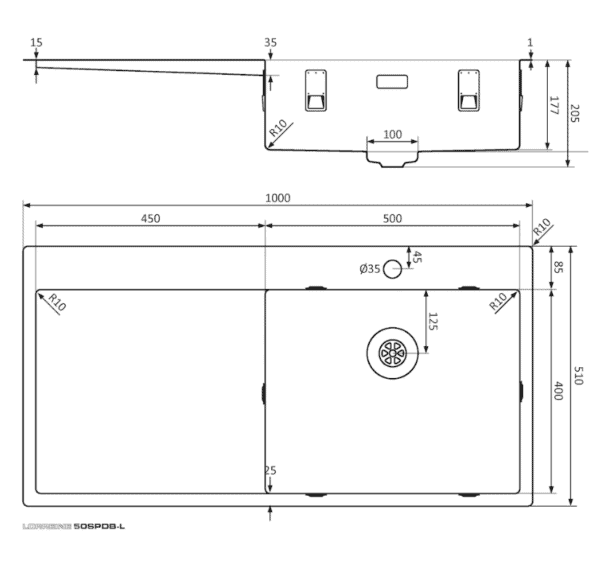 Lorreine 50SPDB-L Luxe Enkele Keukenspoelbak Rechts Met Kraangat RVS 100 x 51 Onderbouw – Vlakbouw – Opbouw