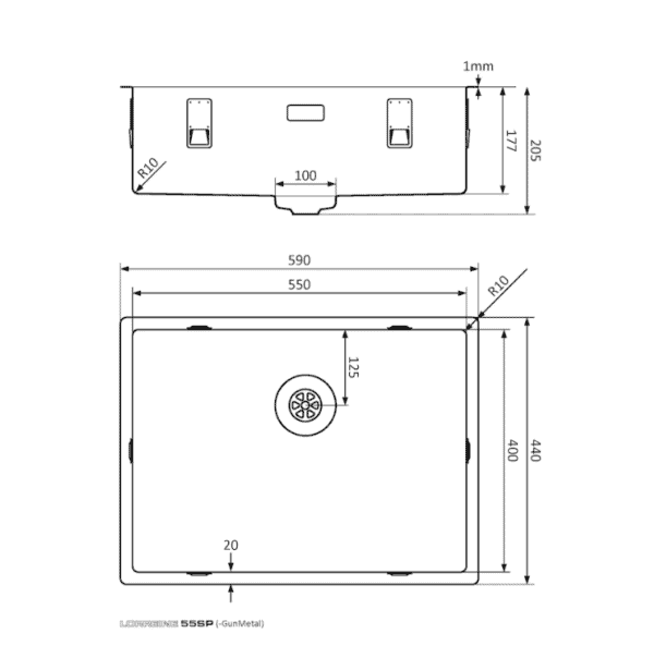 Lorreine 55SP-Gunmetal Luxe Enkele Keukenspoelbak Gun Metal 55 x 40 Onderbouw – Vlakbouw – Opbouw