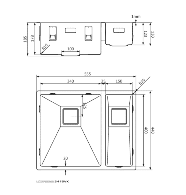 Lorreine 3415VK Luxe Anderhalve Keukenspoelbak Links RVS Met Vierkante Korfplug 34 x 40 + 15 x 40 Onderbouw - Vlakbouw - Opbouw