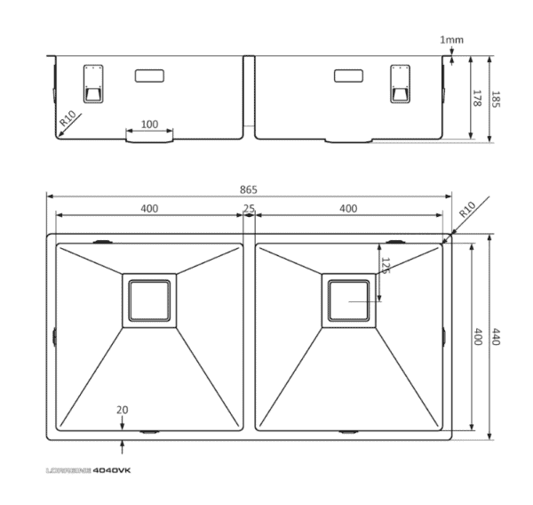 Lorreine 4040VK Luxe Dubbele Keukenspoelbak RVS Met Vierkante Korfplug 40 x 40 + 40 x 40 Onderbouw - Vlakbouw - Opbouw
