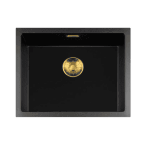 Lorreine 50BQ-T-Gold Luxe Enkele Keukenspoelbak Graniet Zwart Met Korfplug Goud 50 x 40 Opbouw