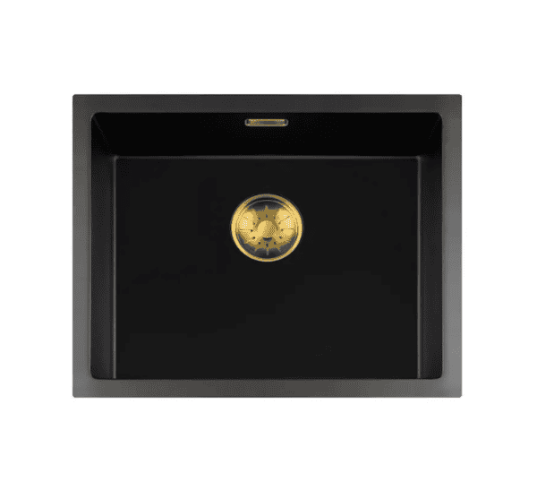 Lorreine 50BQ-T-Gold Luxe Enkele Keukenspoelbak Graniet Zwart Met Korfplug Goud 50 x 40 Opbouw