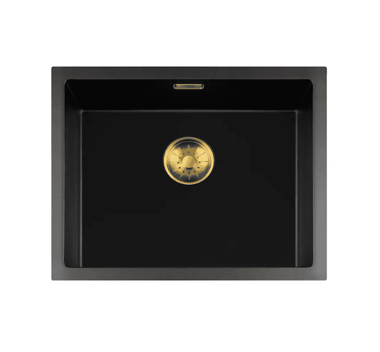 Lorreine 50BQ-T-Gold Luxe Enkele Keukenspoelbak Graniet Zwart Met Korfplug Goud 50 x 40 Opbouw