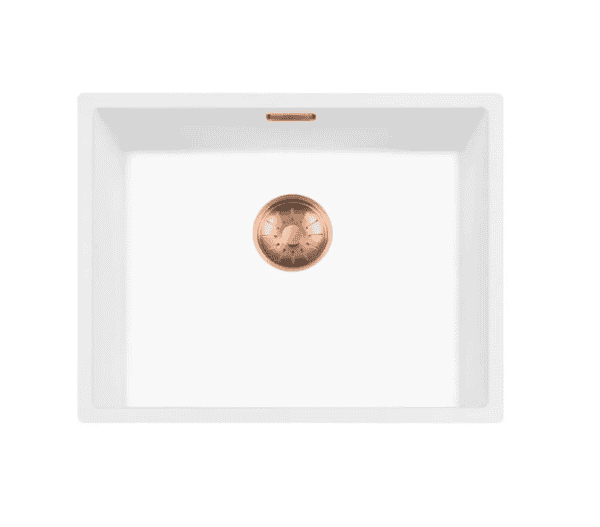 Lorreine 50WQ-FU-Copper Luxe Enkele Keukenspoelbak Graniet Wit Met Korfplug Copper 50 x 40 Vlakbouw Of Onderbouw