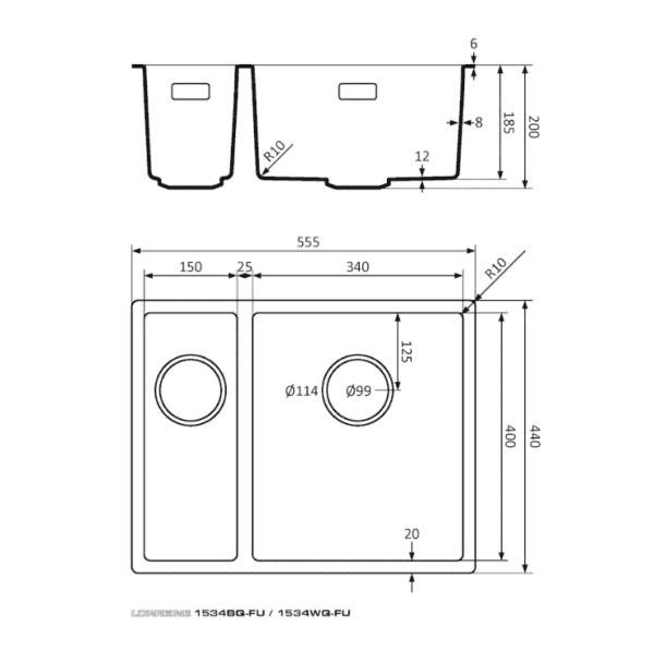 Lorreine 1534WQ-FU Luxe Anderhalve Keukenspoelbak Rechts Graniet Wit Met Korfplug Wit 15 x 40 + 34 x 40 Vlakbouw Of Onderbouw