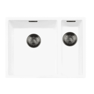 Lorreine 3415WQ-FU-Gunmetal Luxe Anderhalve Keukenspoelbak Links Graniet Wit Met Korfplug Gun Metal 34 x 40 + 15 x 40 Vlakbouw Of Onderbouw