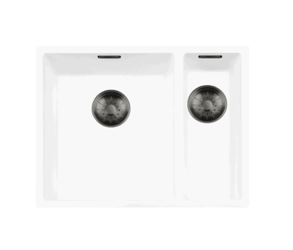 Lorreine 3415WQ-FU-Gunmetal Luxe Anderhalve Keukenspoelbak Links Graniet Wit Met Korfplug Gun Metal 34 x 40 + 15 x 40 Vlakbouw Of Onderbouw