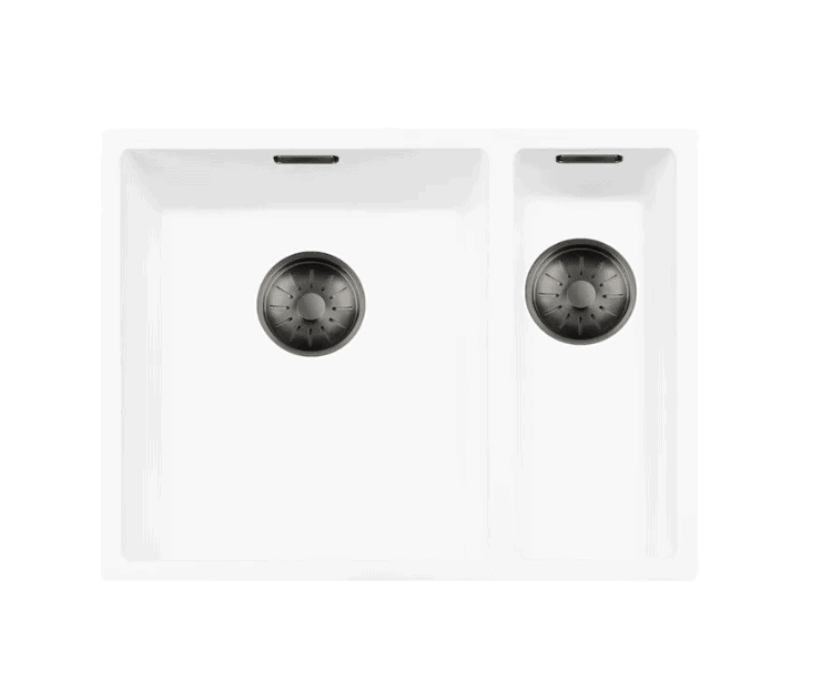 Lorreine 3415WQ-FU-Gunmetal Luxe Anderhalve Keukenspoelbak Links Graniet Wit Met Korfplug Gun Metal 34 x 40 + 15 x 40 Vlakbouw Of Onderbouw