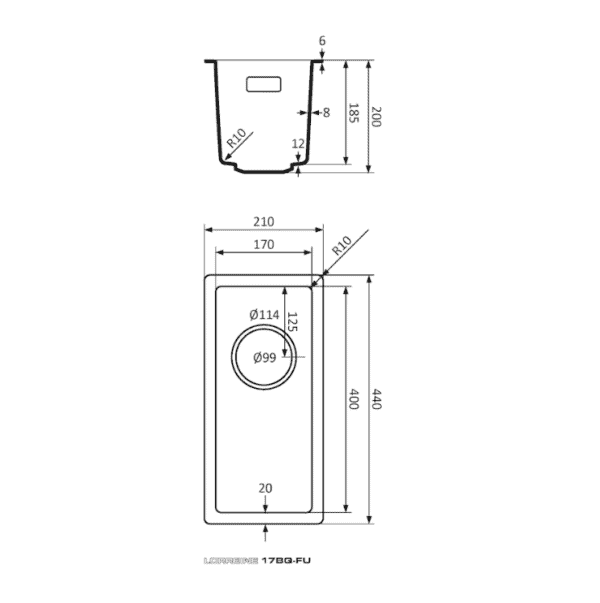 Lorreine 17BQ-FU Luxe Enkele Keukenspoelbak Graniet Zwart Met Korfplug Zwart 17 x 40 Vlakbouw Of Onderbouw