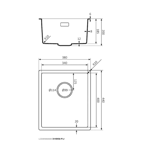 Lorreine 34BQ-FU-Inox Luxe Enkele Keukenspoelbak Graniet Zwart Met Korfplug RVS 34 x 40 Vlakbouw Of Onderbouw