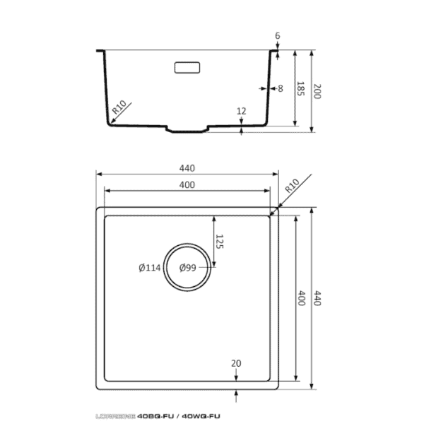 Lorreine 40BQ-FU Luxe Enkele Keukenspoelbak Graniet Zwart Met Korfplug Zwart 40 x 40 Vlakbouw Of Onderbouw