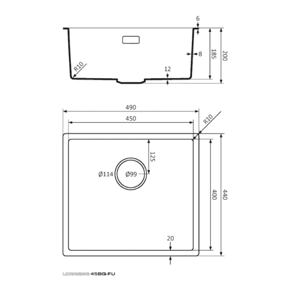 Lorreine 45BQ-FU Luxe Enkele Keukenspoelbak Graniet Zwart Met Korfplug Zwart 45 x 40 Vlakbouw Of Onderbouw