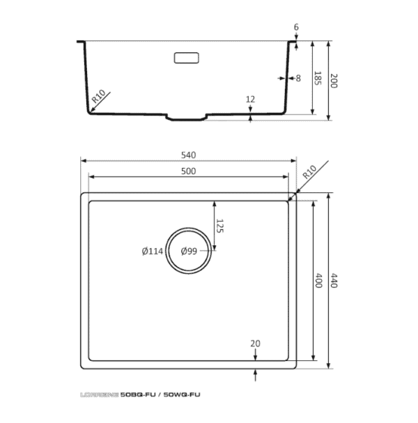 Lorreine 50BQ-FU-Inox Luxe Enkele Keukenspoelbak Graniet Zwart Met Korfplug RVS 50 x 40 Vlakbouw Of Onderbouw