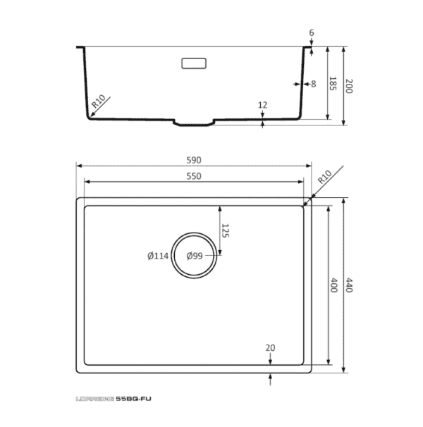 Lorreine 55BQ-FU Luxe Enkele Keukenspoelbak Graniet Zwart Met Korfplug Zwart 55 x 40 Vlakbouw Of Onderbouw