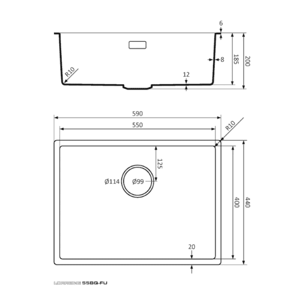 Lorreine 55BQ-FU-Inox Luxe Enkele Keukenspoelbak Graniet Zwart Met Korfplug RVS 55 x 40 Vlakbouw Of Onderbouw