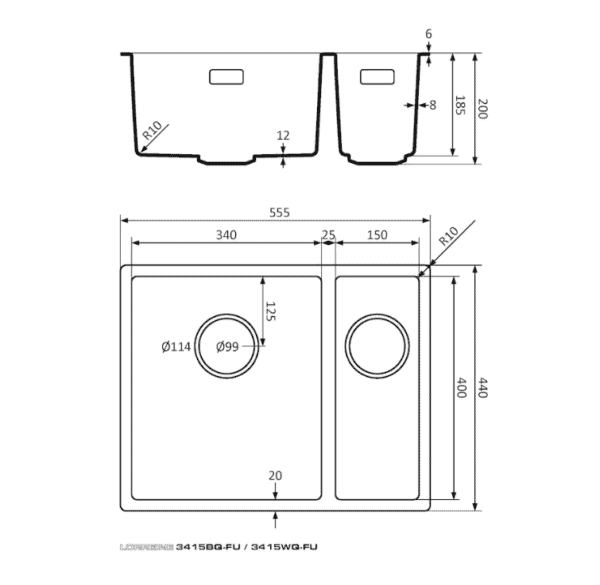 Lorreine 3415BQ-FU Luxe Anderhalve Keukenspoelbak Graniet Zwart Met Korfplug Zwart 34 x 40 + 15 x 40 Vlakbouw Of Onderbouw