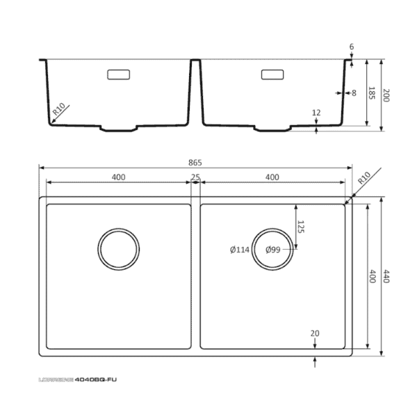 Lorreine 4040BQ-FU Luxe Dubbele Keukenspoelbak Graniet Zwart Met Korfplug Zwart 40 x 40 + 40 x 40 Vlakbouw Of Onderbouw