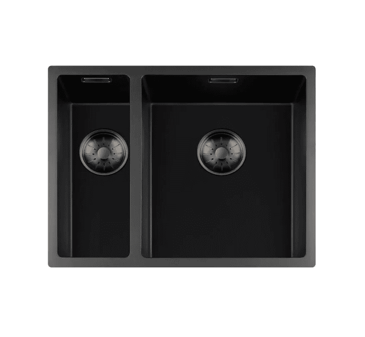 Lorreine 1534BQ-FU-Gunmetal Luxe Anderhalve Keukenspoelbak Graniet Zwart Met Korfplug Gun Metal 15 x 40 + 34 x 40 Vlakbouw Of Onderbouw
