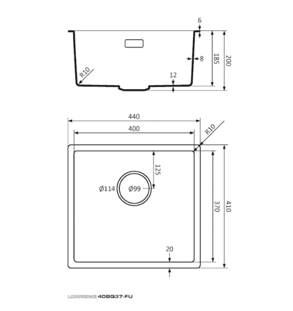Lorreine 40BQ37-FU-Inox Luxe Enkele Keukenspoelbak Graniet Zwart Met Korfplug RVS 40 x 37 Vlakbouw Of Onderbouw